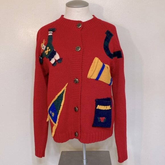 Vintage Heirlooms Red Knit Cardigan With School Activity Appliqué S - Picture 2 of 16